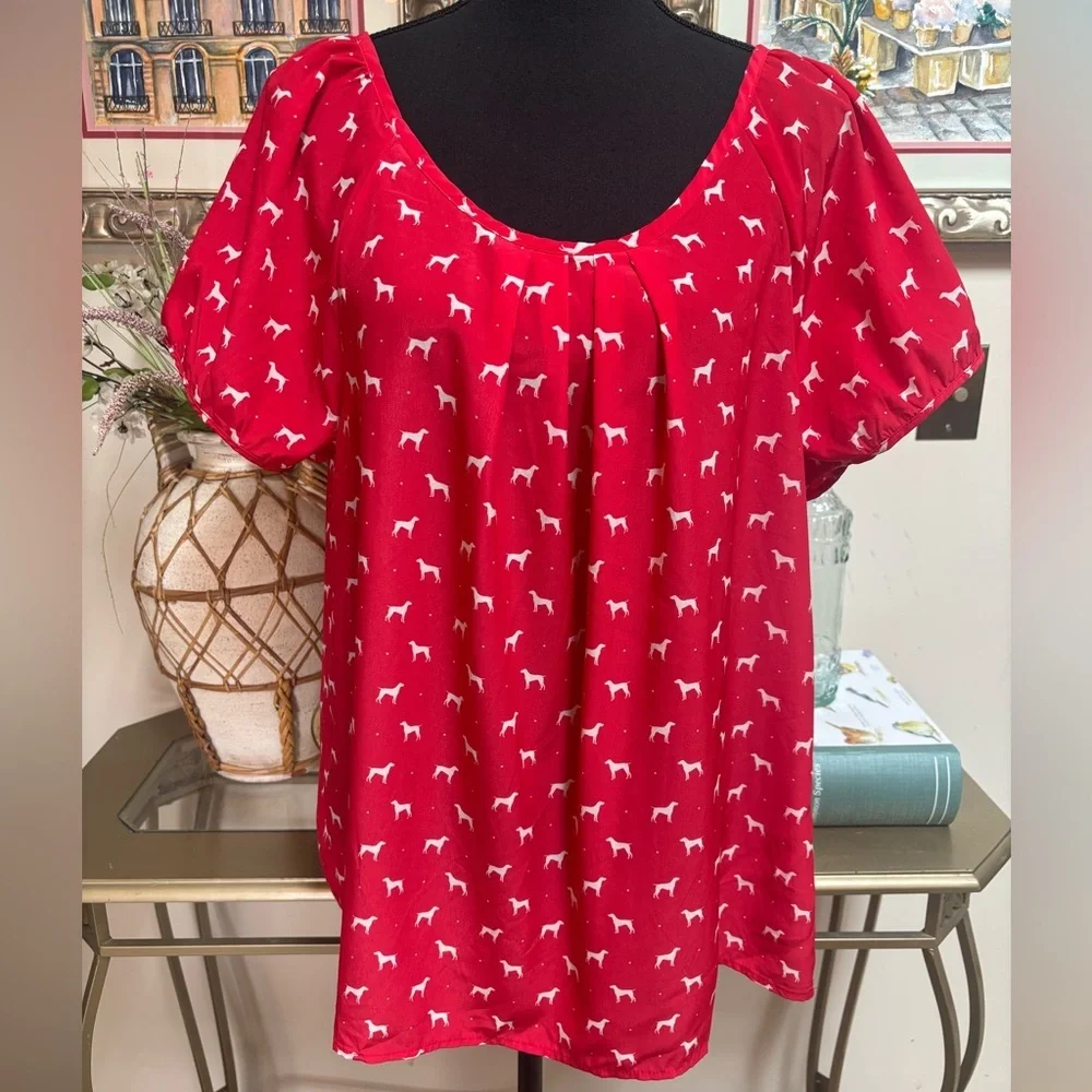 OLD NAVY RED & WHITE DOG PRINT BLOUSE PUFF SHORT SLEEVES BACK BOW TOP SIZE XL
